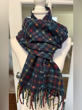 Fadivo NWT Navy Plaid Dot Reversible Scarf Multicolor Accents  Women One Size